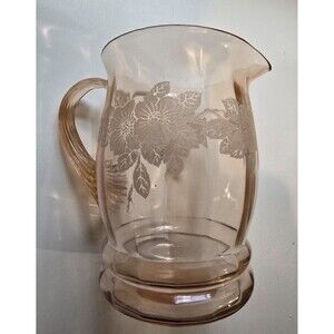 Macbeth Evans Dogwood Pink Glass Etched Pitcher Apple Blossom 1930s Made in USA